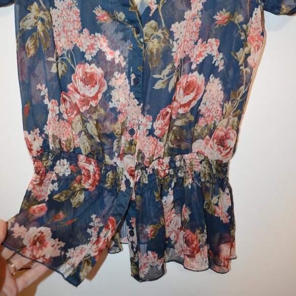 Blue Transparent Poly Beautiful Buttons Down Blouse Short Sleeves Lace Back XS - Picture 8 of 9